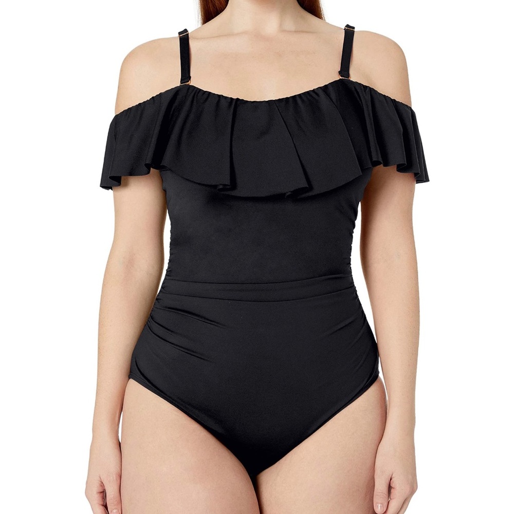 NWT La Blanca Black Ruffled Bandeau One Piece Swimsuit Size 16